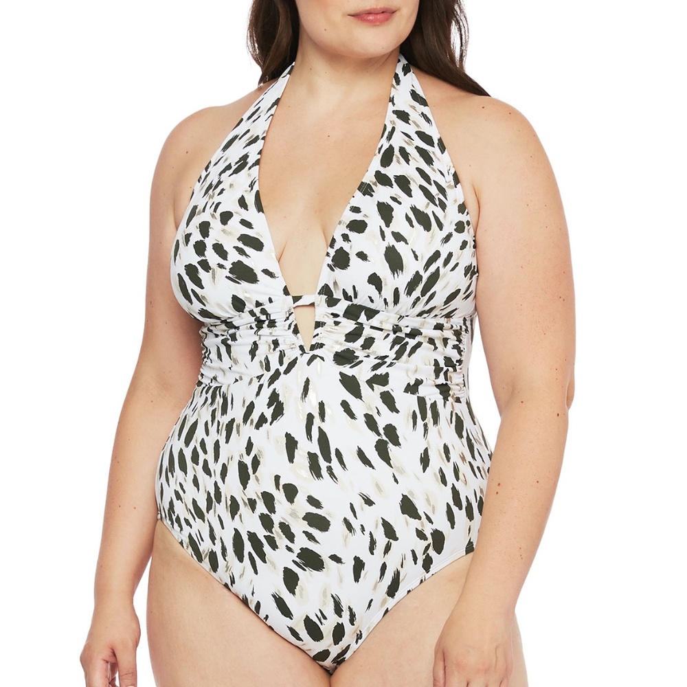 NEW La Blanca Brushstroke Plunge Halter Swimsuit